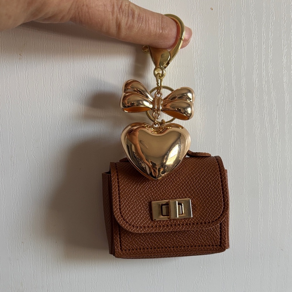 Brown Mini Bag Keychain with Gold Heart Charm